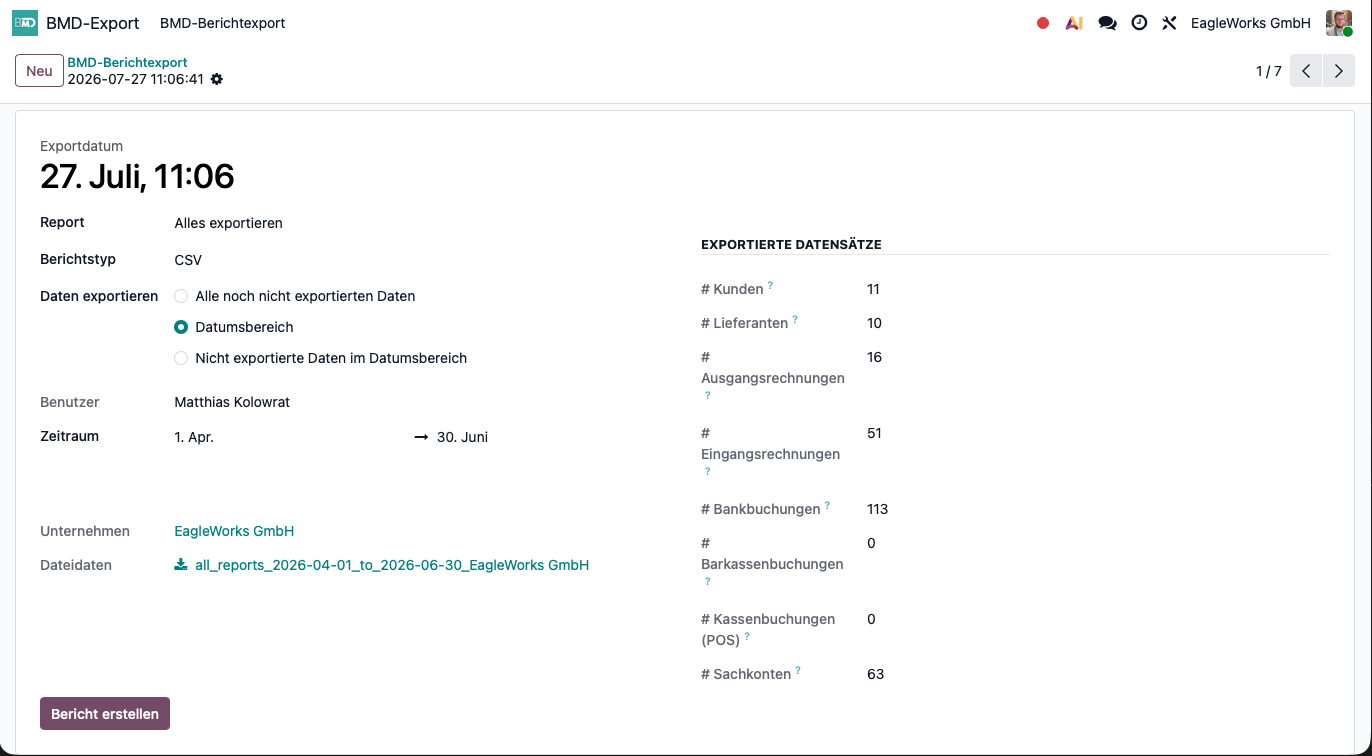 BMD-Berichtexport: Export-Assistent mit Zeitraum und exportierten Datensätzen