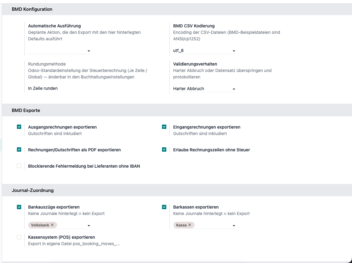 BMD-Konfiguration: Exportumfang, Encoding, Validierung und Journal-Zuordnung